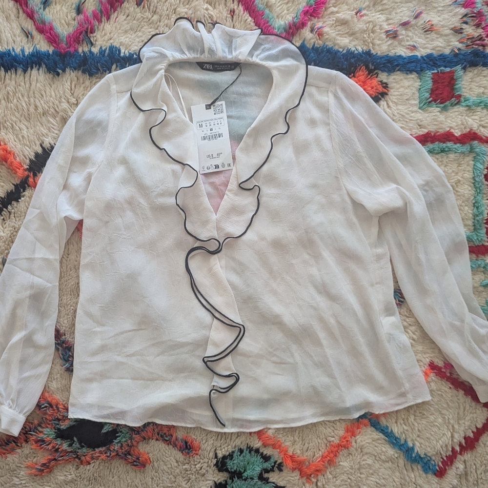 Zara Cream Crinkle Chiffon Sheer Ruffle Blouse with Black Trim